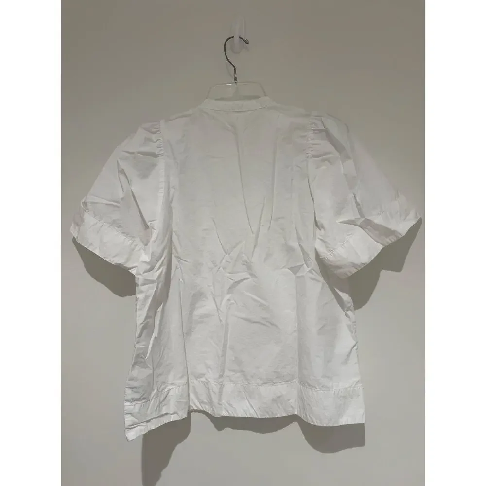 Anthropologie White Cotton Poplin Pintuck Puff Sleeve V-Neck Blouse size 14